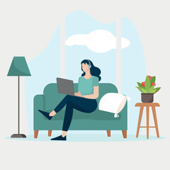 Woman sit  on sofa with laptop. Concept illustration for working, studying, education, work from home. Flat. Vector illustration.