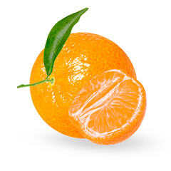 Mandarin or clementine with green leaf isolated on white background