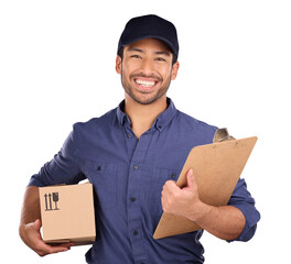 Delivery man, boxes and checklist for courier service, logistics and retail distribution or supply...