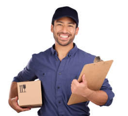Delivery man, boxes and checklist for courier service, logistics and retail distribution or supply chain. Portrait of asian worker with package, clipboard or documents on transparent, png background