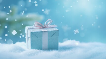 Christmas and Happy New Year background. Christmas Gift box in the snow
