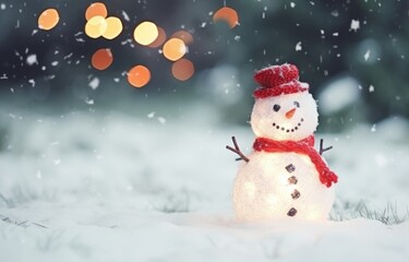 snowman stands in the snow against the backdrop of bright blurry bokeh lights. Christmas and Happy New Year background