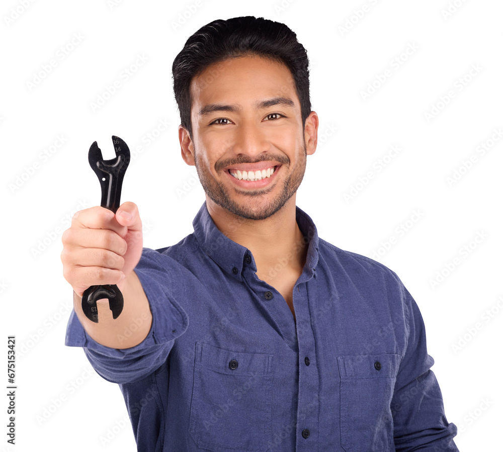 Poster portrait, happy man with wrench or spanner isolated on transparent png background in repair solution