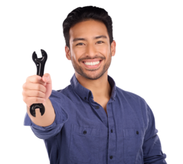 Portrait, happy man with wrench or spanner isolated on transparent png background in repair solution, maintenance or problem solving. Professional work, person or plumber with mechanic tools in hand.