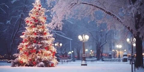 Festive Winter backdrop Christmas tree. Christmas and Happy New Year background