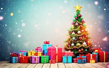 Festive Winter backdrop Christmas tree. Christmas and Happy New Year background