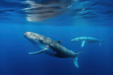 Fototapeta premium Oceanic Ballet: Humpback Whales Swimming Underwater