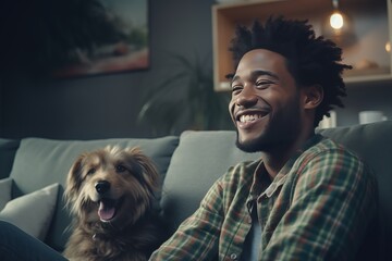 Young handsome african american man sitting on sofa at home with dog and watching tv - obrazy, fototapety, plakaty