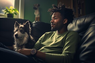 Young handsome african american man sitting on sofa at home with dog and watching tv