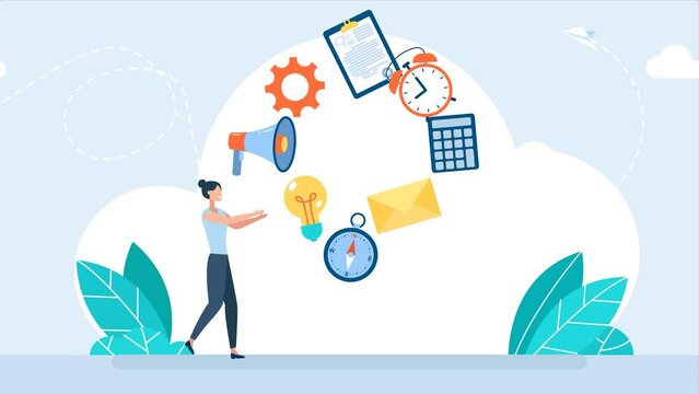 Businesswoman juggler planning time work. Management concept. Business and finances. A woman juggling with office equipment. Office worker juggles mail, documents, time, and money. 2d flat animation