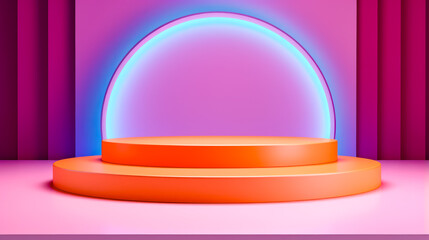 Round object sitting on top of pink and blue surface with neon light in the background.