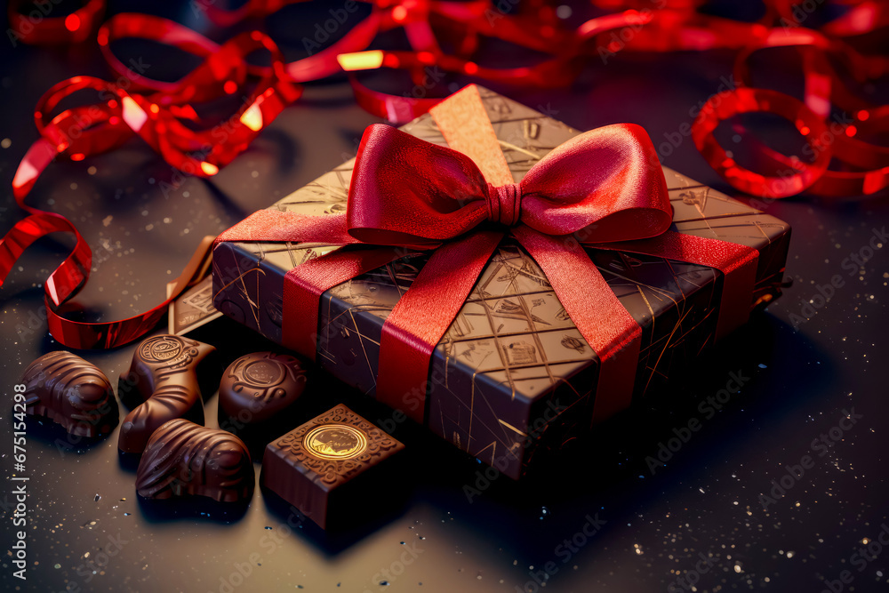 Poster close up of box of chocolates with bow on it.