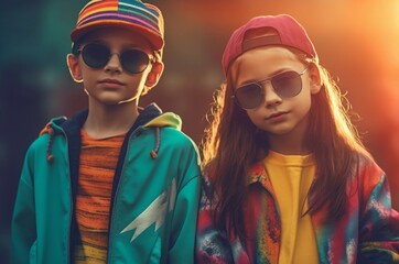 Fashionable children in colorful clothes wearing sunglasses. Cool little boy and girl posing in casual outfits. Generate ai