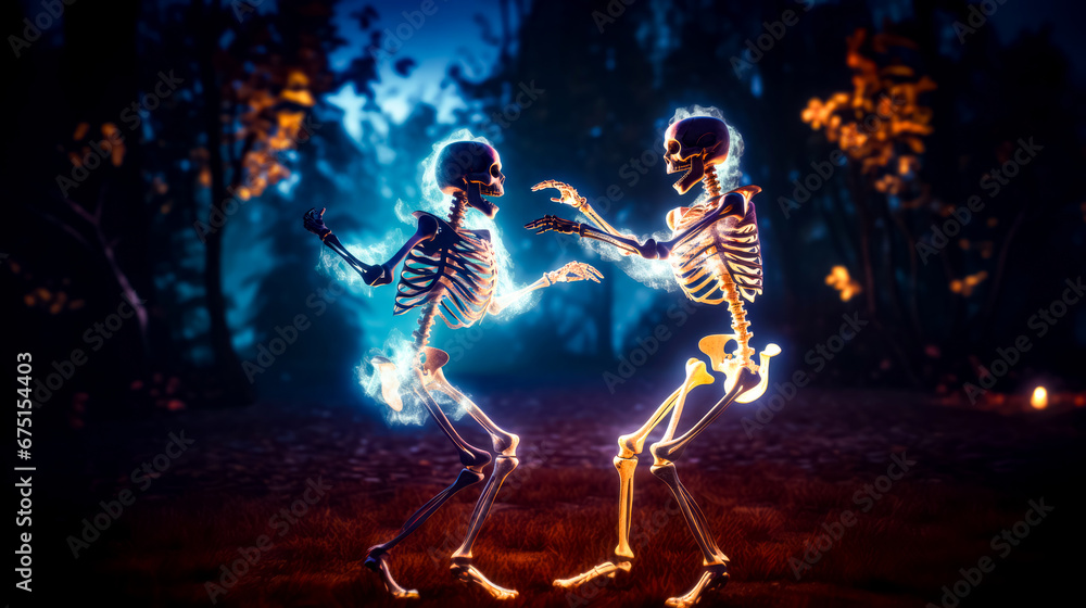 Poster couple of skeletons dancing in field of grass with trees in the background.