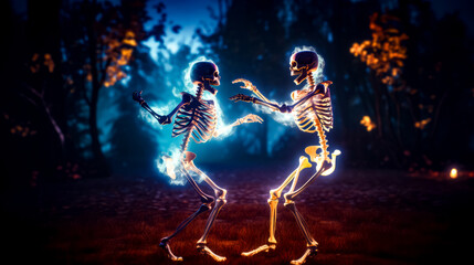 Couple of skeletons dancing in field of grass with trees in the background.