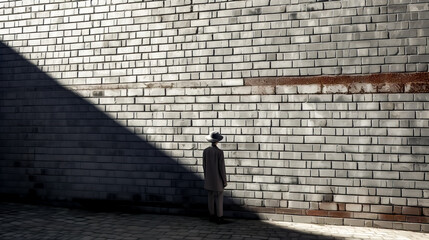 Man standing in front of brick wall with hat on his head.