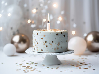 Festive cake on a stand for the New Year, delicate colors