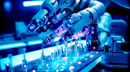 Close up of machine that is working on some glass bottles with liquid in it.