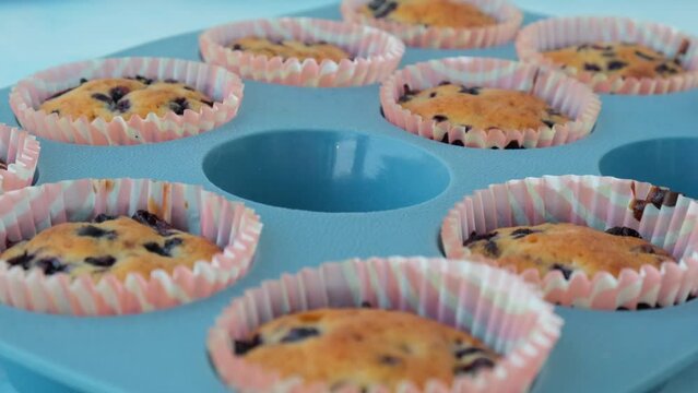 Fresh baked blueberry muffins. Tasty Sweet cupcake. Pastry homemade dessert. Berry pie in silicone muffin tin. Healthy vegan cupcakes with organic berries Baked in reusable silicon forms