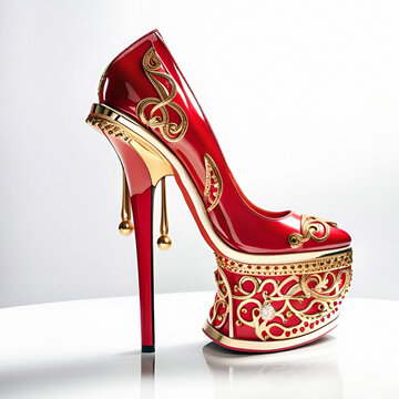 woman footwear, futuristic high heel red shoe with golden decorations, generative ai illustration