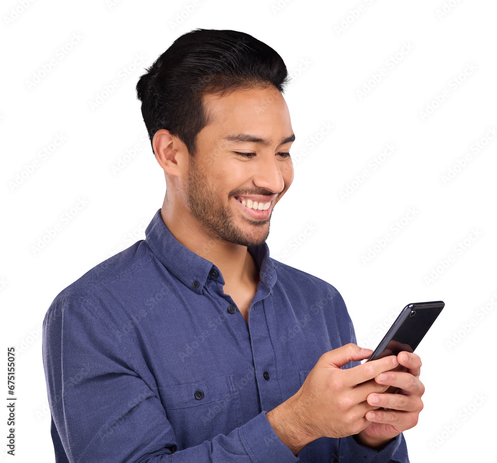 Aufkleber Smile, phone for networking and a business asian man isolated on transparent background for social media. Contact, communication or app with a happy young employee typing a mobile text message on PNG