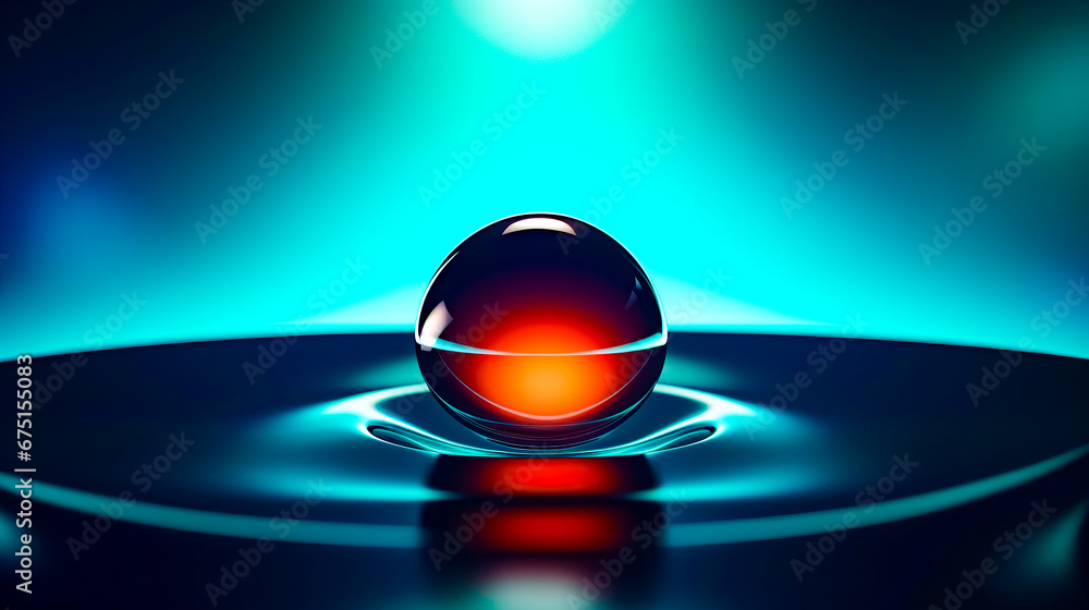 Poster red ball floating on top of water drop in pool of water.
