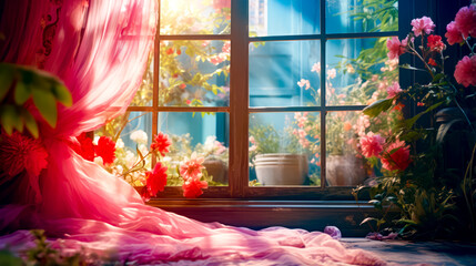 Window with pink curtain and pink flowers in the window sill.