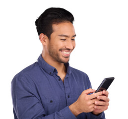Smile, phone for networking and a business asian man isolated on transparent background for social...