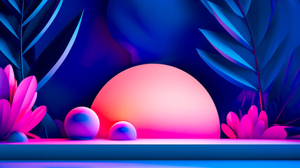 Blue and pink background with pink ball and two pink balls in the foreground.