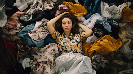 The girl lies on a pile of clothes. Concept: decluttering things, conscious consumption.