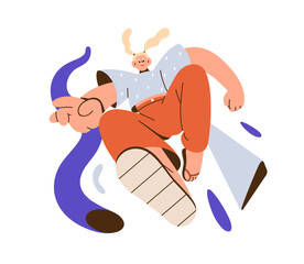 Young active woman jumping. Happy excited joyful girl looking down, flying, bottom view on feet. Energy, inspiration and freedom concept. Flat graphic vector illustration isolated on white background