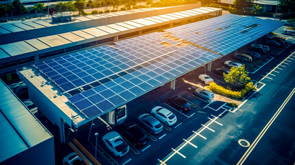 Overhead view of parking lot with solar panel on the roof. - obrazy, fototapety, plakaty