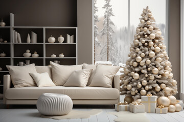 Luxury Christmas living room, toned colors, Christmas tree, cozy sofa