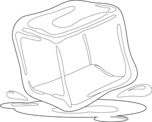 Melting ice cube on white background. Vector black and white coloring page.