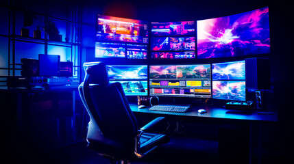 Computer desk with multiple monitors and keyboard in front of window.