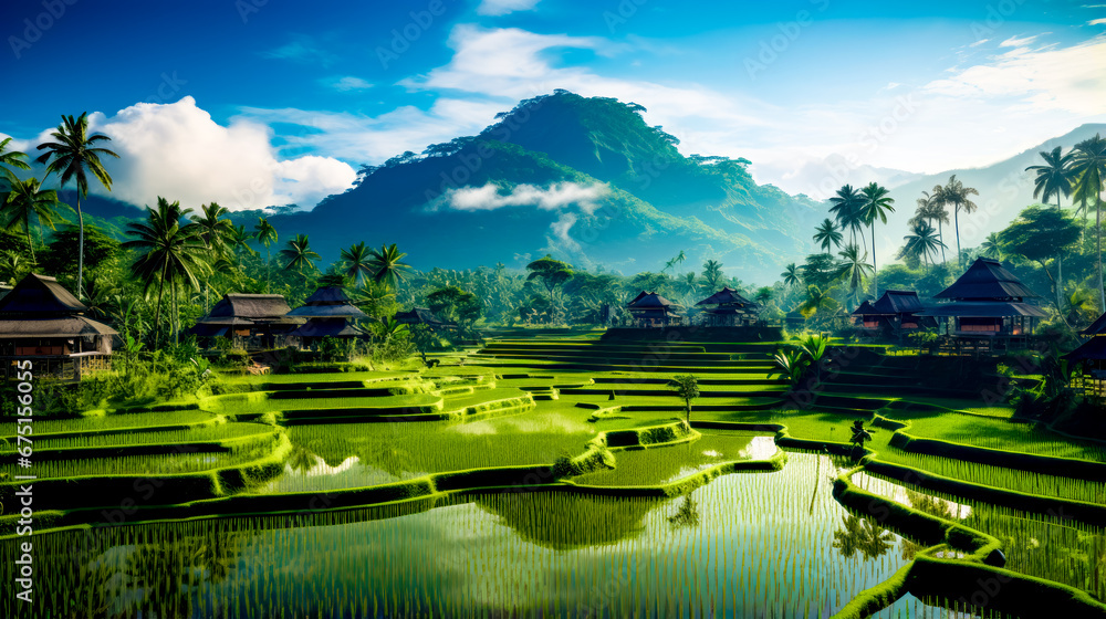 Poster rice field with mountain in the background and water in the foreground.