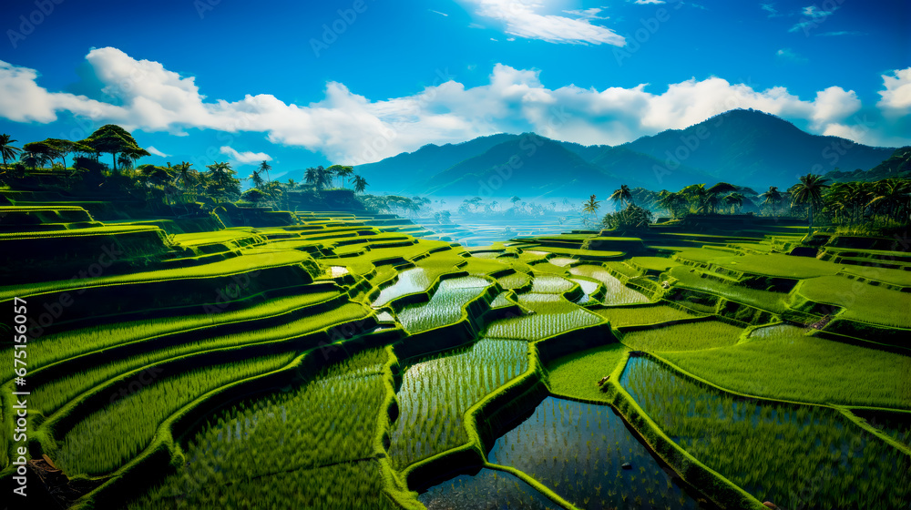 Poster rice field in the middle of mountain range with mountains in the background.
