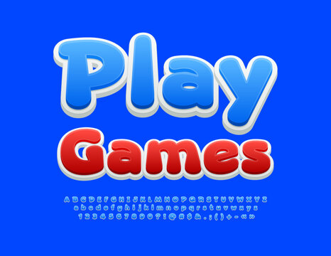 Vector funny template Play Games. Bright Blue 3D Font. Childish style Alphabet Letters, Numbers and Symbols set