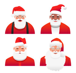 A set of portraits of Santa Claus. A cheerful white Santa Claus in glasses, a red hat, with a gray beard and mustache. Black Santa. Elements for design.