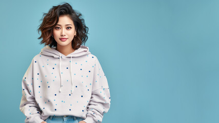 An Asian woman wearing polka dots sweatshirt isolated on pastel