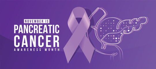 November, Pancreatic cancer awareness month - purple ribbon awareness sign on abstract line and dot pancreatic sign on purple gradient background vector design - Powered by Adobe