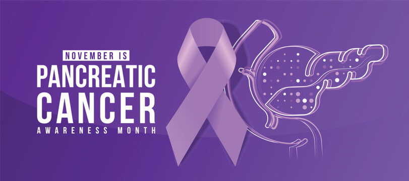 November, Pancreatic cancer awareness month - purple ribbon awareness sign on abstract line and dot pancreatic sign on purple gradient background vector design