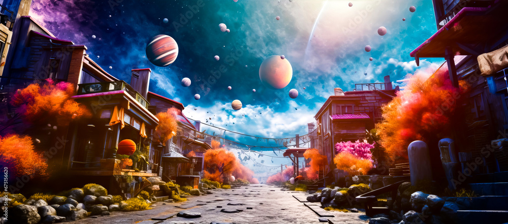 Poster computer generated image of street with planets in the sky and buildings on either side of the stree