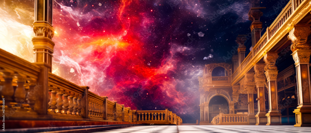 Poster large building with sky filled with clouds and stars in the background.