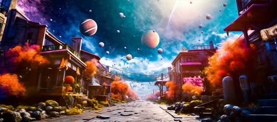 Computer generated image of street with planets in the sky and buildings on either side of the...
