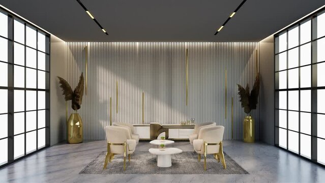 Animated white and gold color hotel lounge with windows and chairs matching the color for waiting room, 3D render.