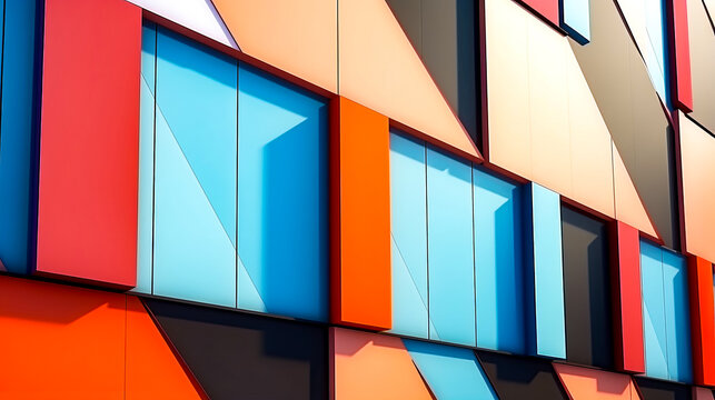 Close up of multicolored building with clock on it.