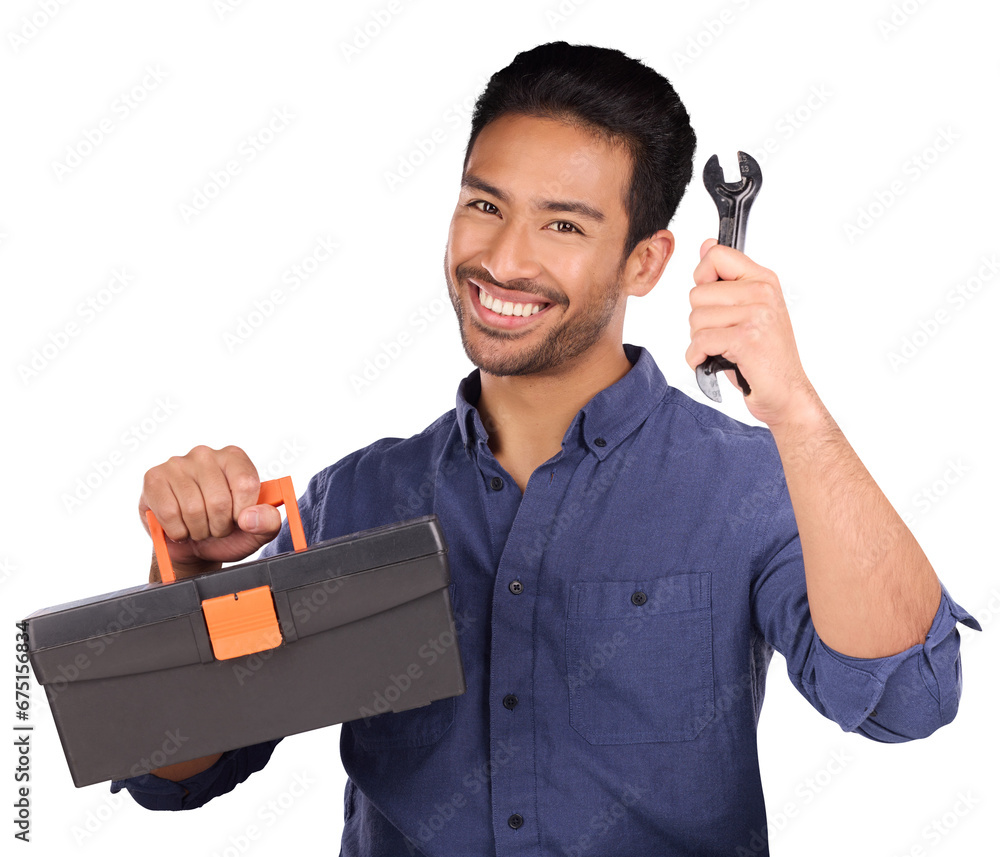 Poster portrait, happy man with tool box and wrench isolated on transparent png background in repair soluti