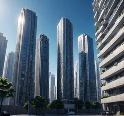 Fototapeta na wymiar Modern Cityscape: High-Rise Buildings and Blue Sky. generative AI