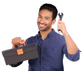 Portrait, happy man with tool box and wrench isolated on transparent png background in repair solution, maintenance service or help. Professional worker, person or plumber with mechanic tools in hand